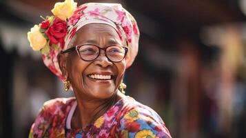 closeup on smiling senior woman dressed in flowered dress. AI Generated photo