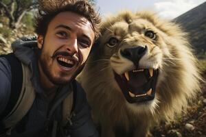 gracioso siendo perseguido mientras que excursionismo por un enojado león salvaje. ai generado foto