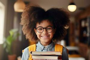 funny smiling Black child school girl with glasses hold books, living room background. AI Generated photo