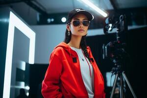 influencer at youtube live, crypto concept, light, minimalistic. photo