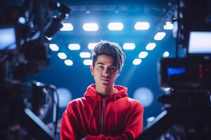 influencer at youtube live, crypto concept, light, minimalistic. photo
