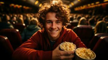 Man eating popcorn in a movie theater, sitting and eating popcorn. AI Generated photo