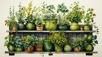 Lush green plants boho colors watercolor. AI Generated photo