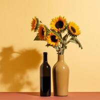 Modern minimalist wine bottle design, flowers exotic, vivid color background. photo