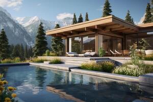 modern style architecture of chic minimalist tiny wooden house at Italian Alps. AI Generated photo