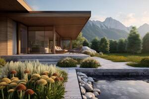 modern style architecture of chic minimalist tiny wooden house at Italian Alps. photo
