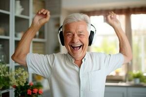 portrait a happy senior man in wireless headphones dancing, singing at home. AI Generated photo