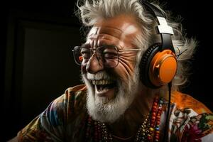 portrait a happy senior man in summer shirt and in wireless headphones dancing. AI Generated photo