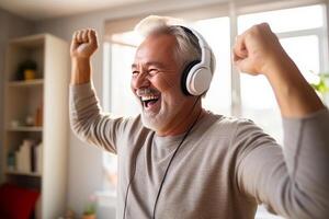 portrait a happy senior man in wireless headphones dancing, singing at home. AI Generated photo