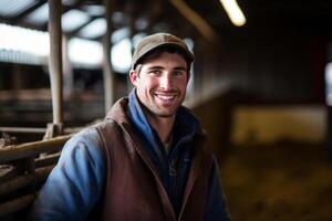 portrait a smiling young farmer in a barn feed cows. AI Generated photo