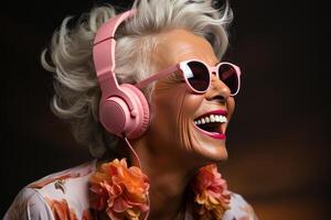 portrait a happy senior woman in wireless headphones dancing, singing. photo