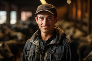 portrait a smiling young farmer in a barn feed cows. AI Generated photo