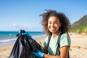 retrato cerca arriba sonriente mezclado carrera voluntario mujer coleccionar basura en el playa, azul Oceano y cielo antecedentes. ai generado foto