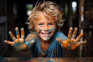 portrait of a funny child boy shows hands dirty with paint. AI Generated photo