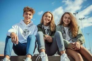retrato de 3 sonriente adolescentes vistiendo pantalones y zapatillas sentado en el muro, borroso azul cielo antecedentes. ai generado foto