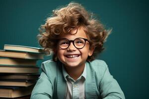 retrato de un contento niño pequeño chico con lentes sentado en un apilar de libros y leyendo un libros. ai generado foto