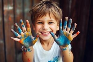 portrait of a funny child boy shows hands dirty with paint. AI Generated photo