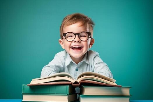 portrait of a happy child little boy with glasses sitting on a stack of books and reading a books, light blue background. photo
