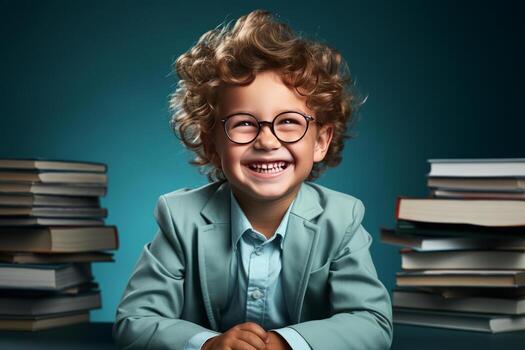 portrait of a happy child little boy with glasses sitting on a stack of books and reading a books. photo