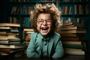 retrato de un contento niño pequeño chico con lentes sentado en un apilar de libros y leyendo un libros. ai generado foto