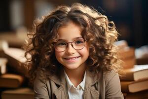 retrato de un contento niño pequeño niña con lentes sentado en un apilar de libros y leyendo un libros. ai generado foto