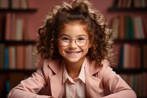 retrato de un contento niño pequeño niña con lentes sentado en un apilar de libros y leyendo un libros. ai generado foto