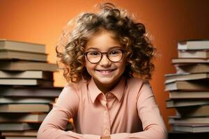 retrato de un contento niño pequeño niña con lentes sentado en un apilar de libros y leyendo un libros. ai generado foto