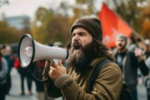 retrato de un hombre gritos dentro un megáfono durante un protesta. ai generado foto