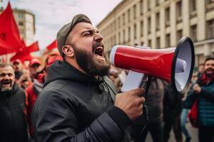 portrait of a man shouts into a megaphone during a protest. AI Generated photo