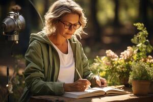 Portrait of pretty senior woman in white casuals writing journal besides tent in forest. AI Generated photo