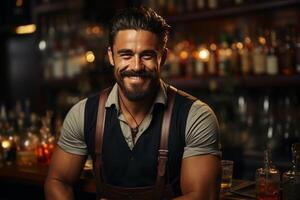 retrato sonriente barman mezclas un cóctel en un criba vibradora. ai generado foto