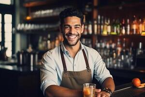 retrato sonriente barman mezclas un cóctel en un criba vibradora. ai generado foto