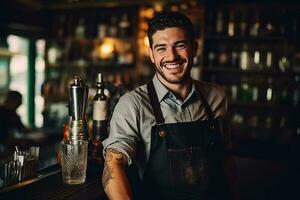 retrato sonriente barman mezclas un cóctel en un criba vibradora. ai generado foto