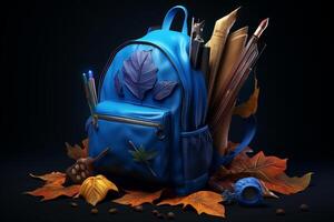school backpack with pencils and leaves. photo