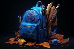 school backpack with pencils and leaves. AI Generated photo