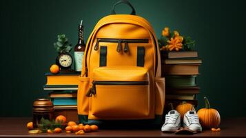 school supplies with a backpack, in the style of dark yellow and light green. photo