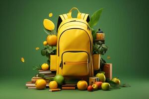 school supplies with a backpack, in the style of dark yellow and light green. photo