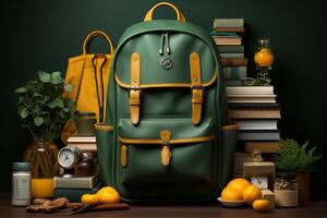 school supplies with a backpack, in the style of dark yellow and light green. photo