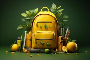 school supplies with a backpack, in the style of dark yellow and light green. photo