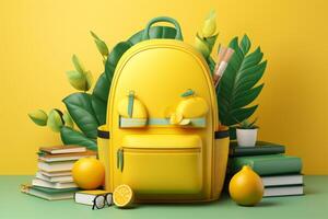 school supplies with a backpack, in the style of dark yellow and light green. photo