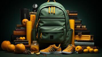school supplies with a backpack, in the style of dark yellow and light green. photo