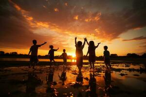 silueta de niños saltar alegría contento hora en contra puesta de sol. ai generado foto