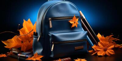 school backpack with pencils and leaves. photo