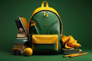 school supplies with a backpack, in the style of dark yellow and light green. photo