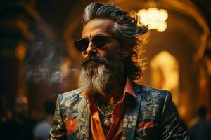 smiling old tattooed fashion man with bold hair smoking a cigarette. AI Generated photo