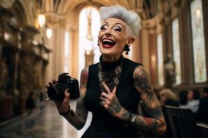 smiling old tattooed fashion woman with bold hair smoking a cigarette. AI Generated photo