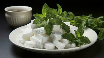 stevia sugar in the wooden bowl, with fresh stevia leaves. AI Generated photo