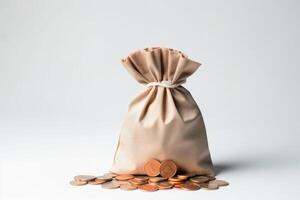 tiny money bag, isolated, minimalistic, high angle view, light background. AI Generated photo