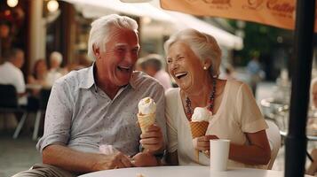 sweet senior couple eating ice cream AI Generated photo