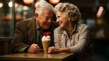 sweet senior couple eating ice cream AI Generated photo